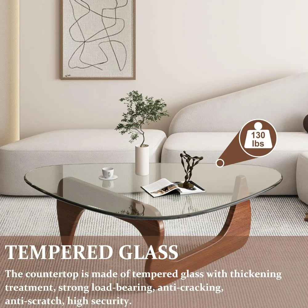 Modern Triangle Glass Coffee Table With Wooden Base From Folded Featuring Tempered Glass Top For Modern Living Rooms