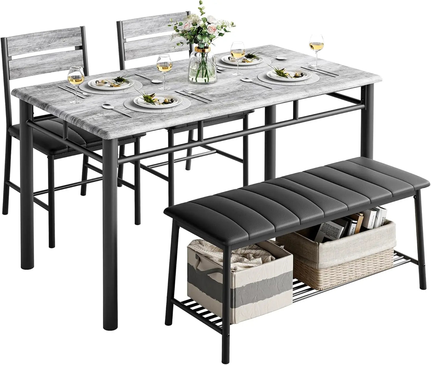 Ironck Four Piece Dining Table Set for Small Space with Upholstered Bench Metal and Engineered Wood