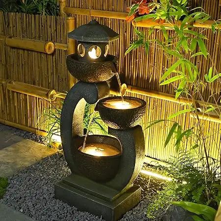 Outdoor Garden Zen Pagoda Water Fountain With LED Lights And Quiet Pump For Patios And Gardens