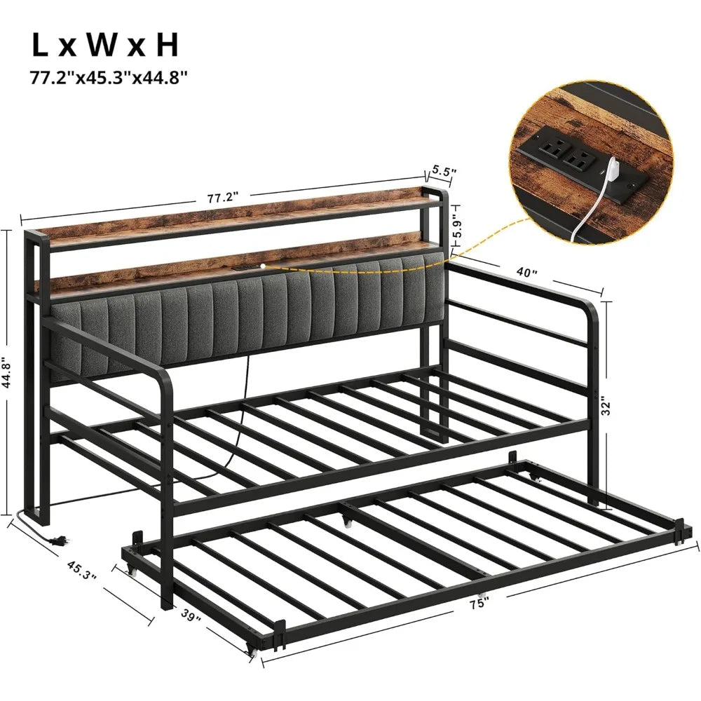 Twin Daybed With Trundle LED Lights And Charging Station