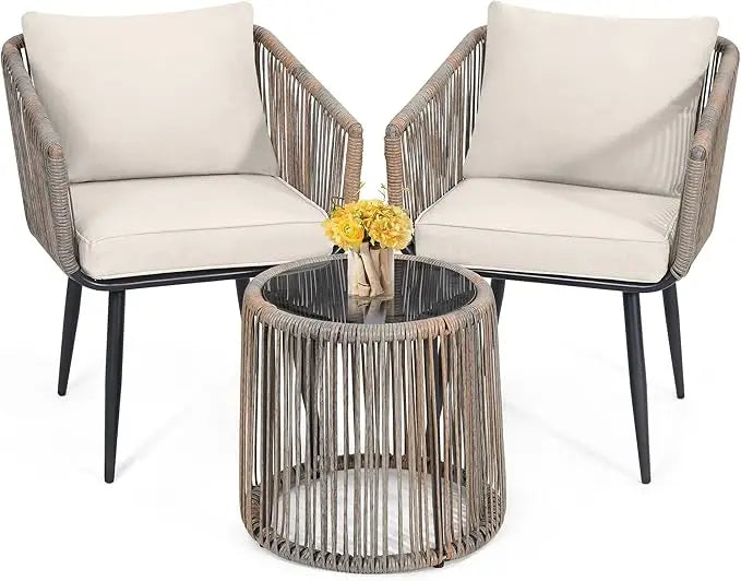 XMSJ 3 Piece Patio Rattan Bistro Set Outdoor All Weather Wicker Chairs And Side Table Durable Weather Resistant