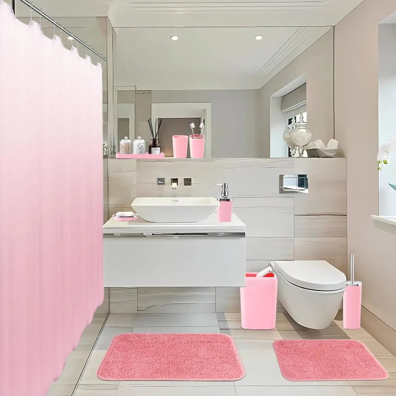 Hign Concerned Bathroom Accessory Set With Pink Ombre Shower Curtain And Coordinating Rugs Water Resistant