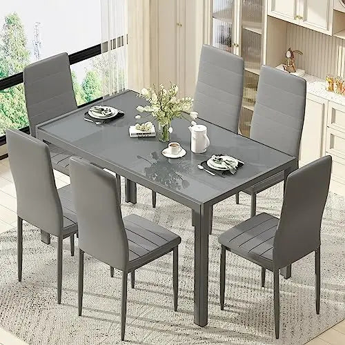 High Concerned 6 Seat Dining Set With Tempered Glass Table And PU Leather Chairs