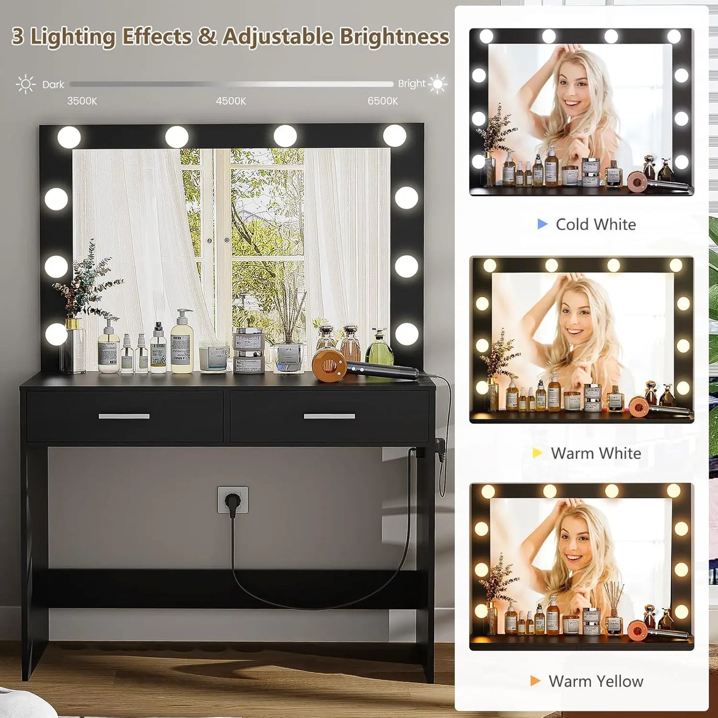 XMSJH Vanity Desk With Large Lighted Mirror And 10 Lights