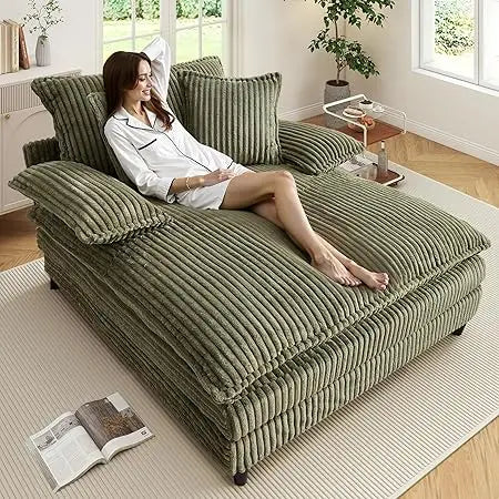 Corduroy Sleeper Sofa Chaise Lounge Chair With 5-Position Backrest