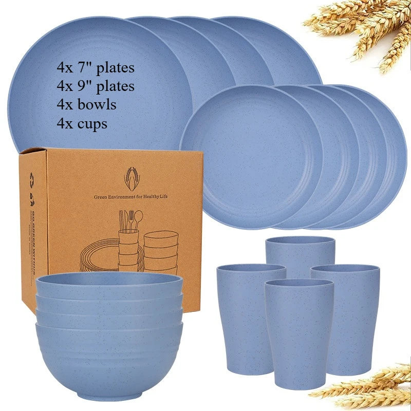 Natural Wheat Straw Tableware Set Plates Bowls Cups Biodegradable Lightweight Eco Friendly Dinnerware