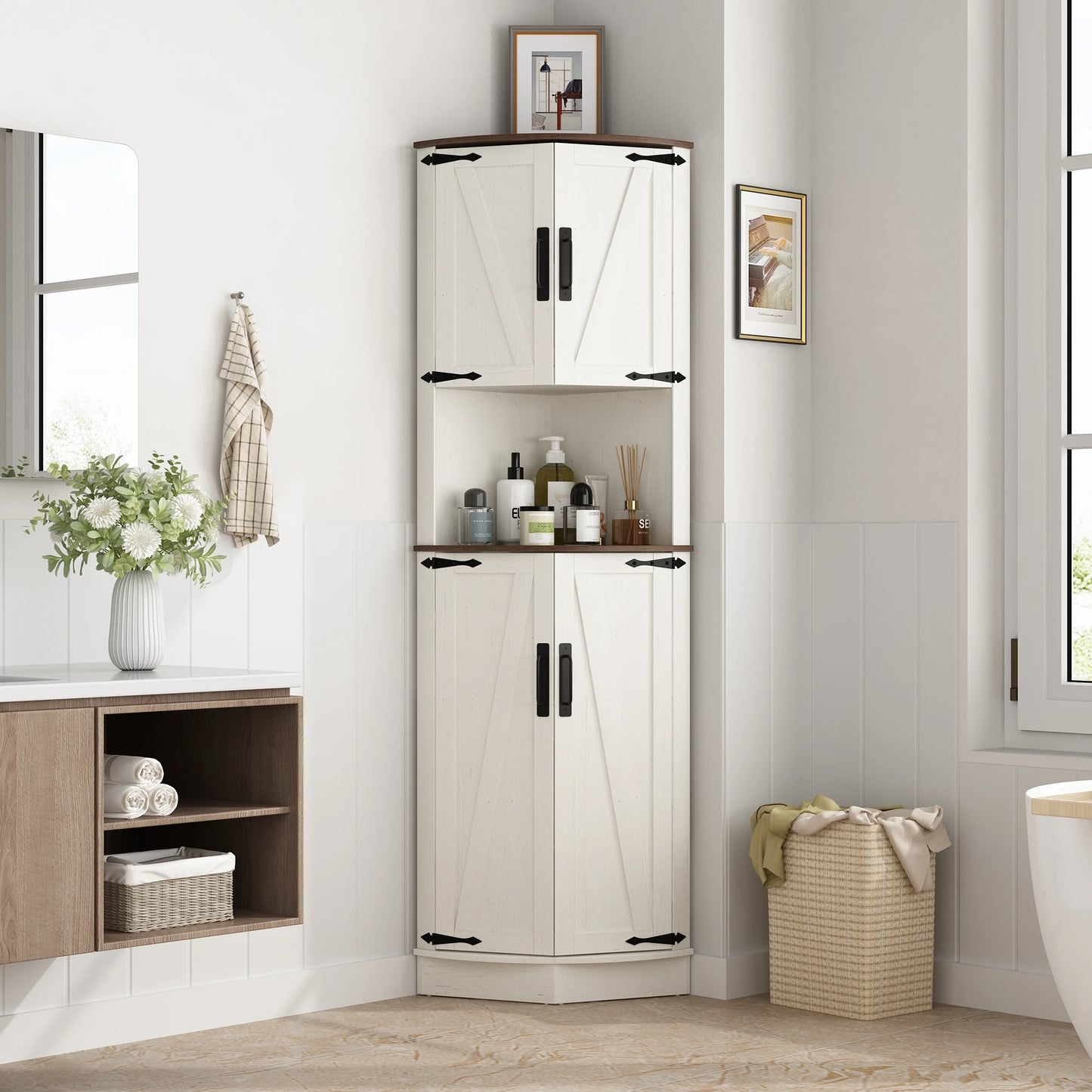 QiaoShiRen Corner Storage Cabinet With Barn Doors Farmhouse