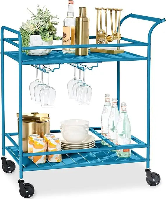 Outdoor Mobile Bar Cart With 2 Tier Storage Lockable Wheels