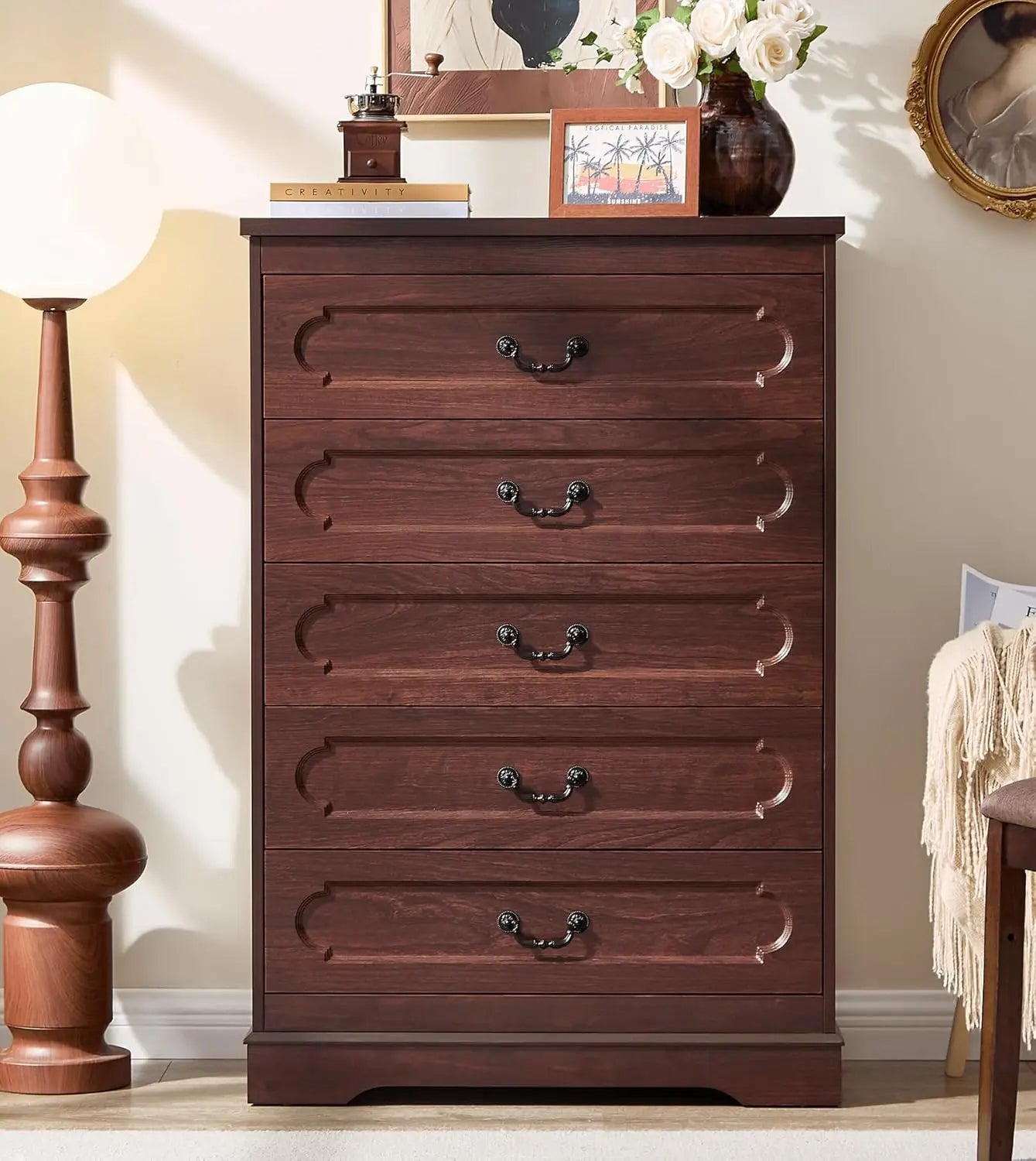 General Farmhouse Dresser Cherry Wood Bedroom Rustic Five Drawer Storage Chest With Durable Engineered Construction