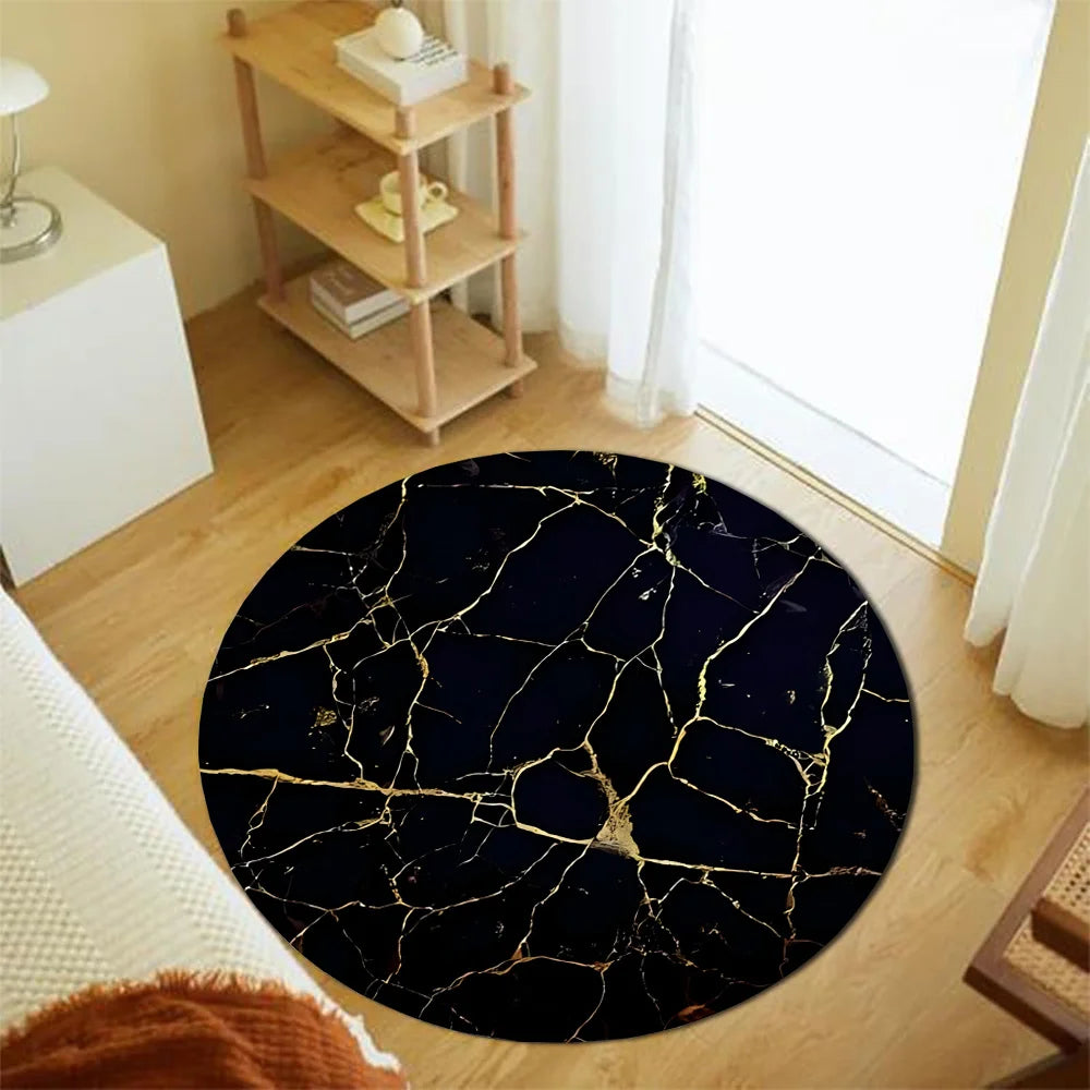 Black Gold Marble Vein Round Rug Flannel Modern Luxury Mat 100 Percent Polyester Soft Anti Static Surface