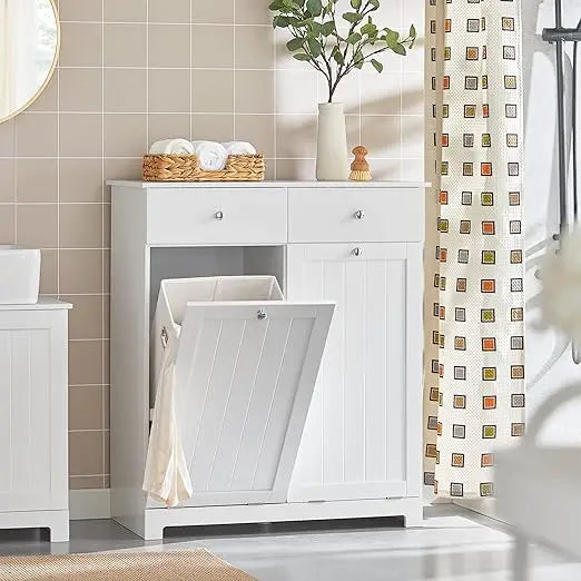 Tiltout Bathroom Laundry Cabinet With Hidden Hamper And Double Baskets Two Hidden Drawers MDF Build