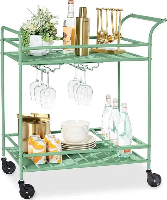 Outdoor Mobile Bar Cart With 2 Tier Storage Lockable Wheels