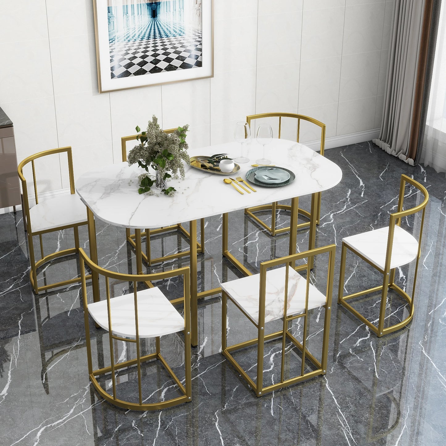 Wavesloop Modern 7 Piece Dining Table Set With Faux Marble