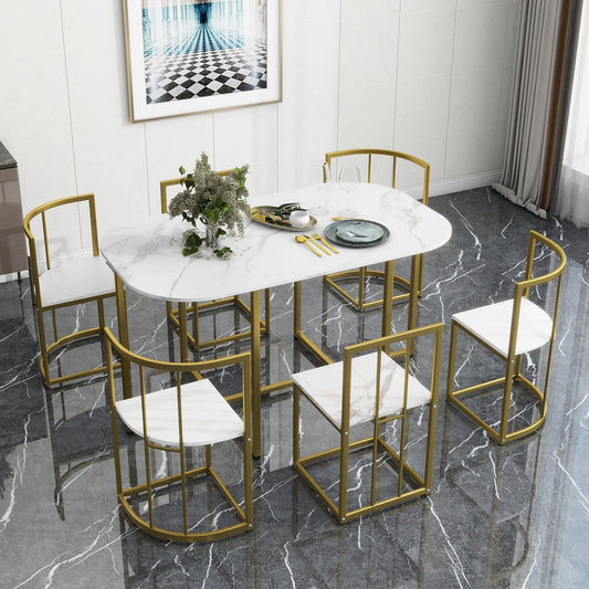 Wavesloop Modern 7 Piece Dining Table Set With Faux Marble
