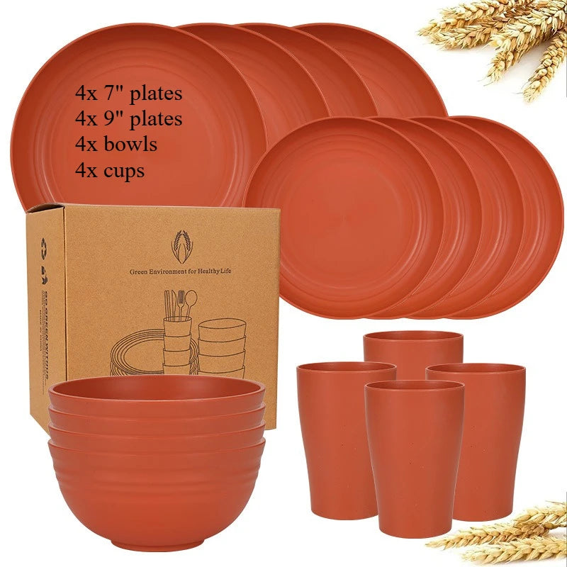 Natural Wheat Straw Tableware Set Plates Bowls Cups Biodegradable Lightweight Eco Friendly Dinnerware