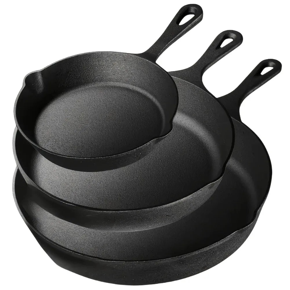 AEDG Three Piece Cast Iron Skillet Set Preseasoned Nonstick 6 Inch 8 Inch 10 Inch Pans