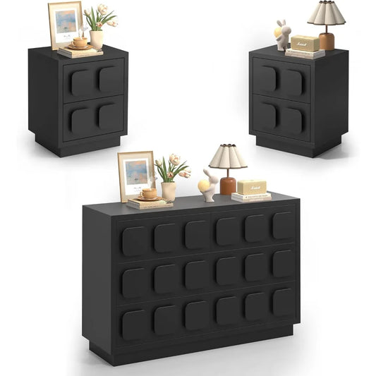 RBXC 3 Piece Bedroom Set With 6 Drawer Dresser And Two Nightstands In Black With Modern Storage