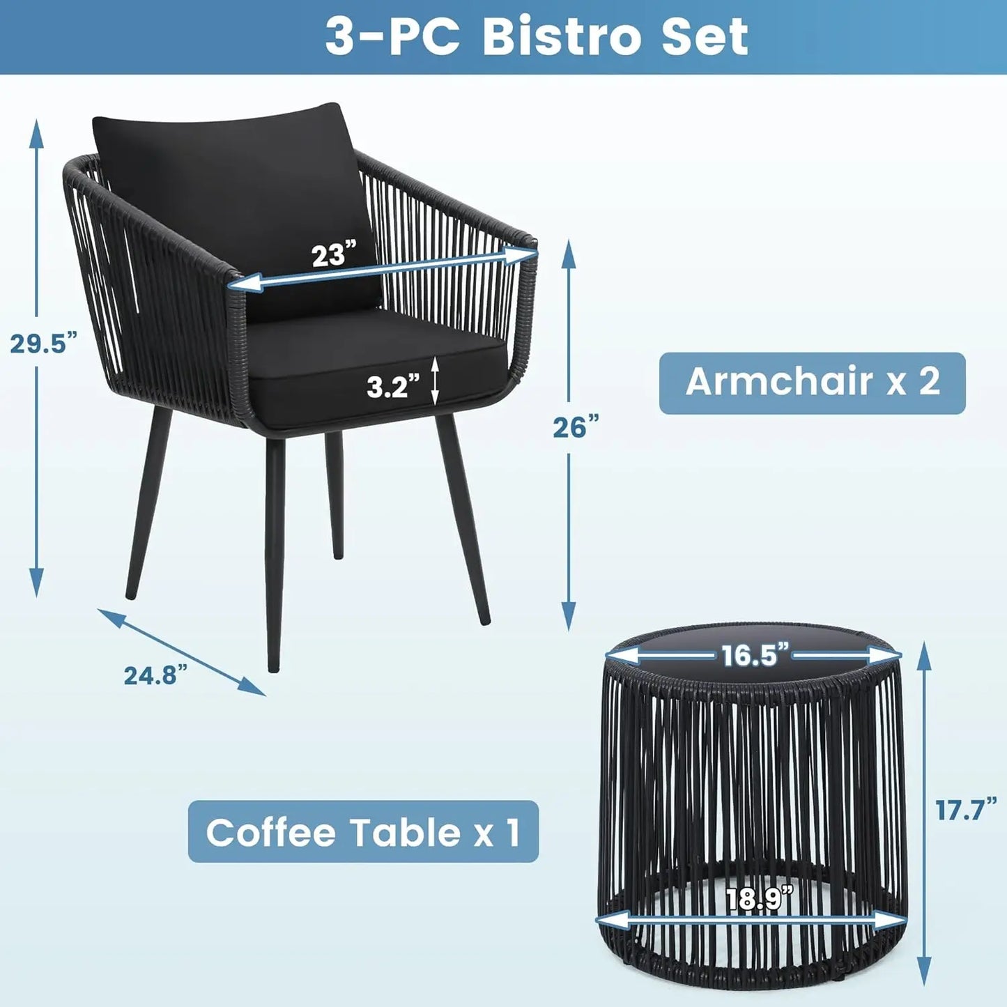 XMSJ 3 Piece Patio Rattan Bistro Set Outdoor All Weather Wicker Chairs And Side Table Durable Weather Resistant