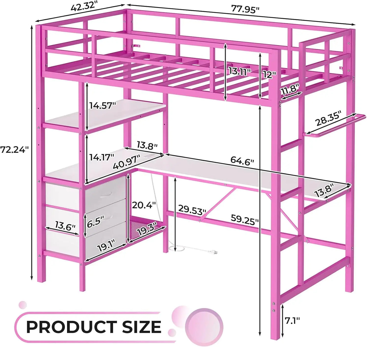 XMSJ Loft Bed With L Shaped Desk LED Lights Storage Shelves
