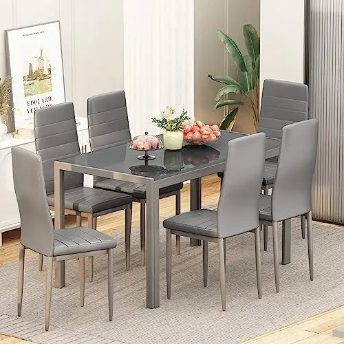High Concerned 6 Seat Dining Set With Tempered Glass Table And PU Leather Chairs