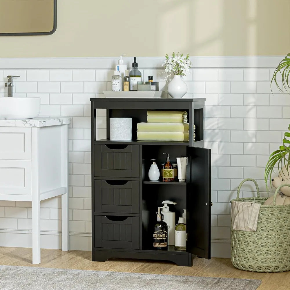 Black Bathroom Floor Cabinet Storage Organizer With 1 Door And 3 Drawers And Adjustable Shelf