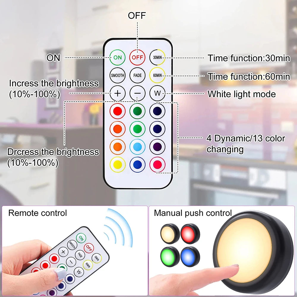 JGTC RGBW LED Puck Lights Under Cabinet With Remote Control 16 Color Schemes Dimmable Brightness
