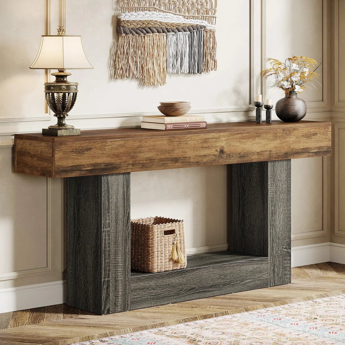 Tribesigns Farmhouse Console Table With U Shaped Base Two Tier Entryway 63 Inch Rustic Brown Top Vintage Gray