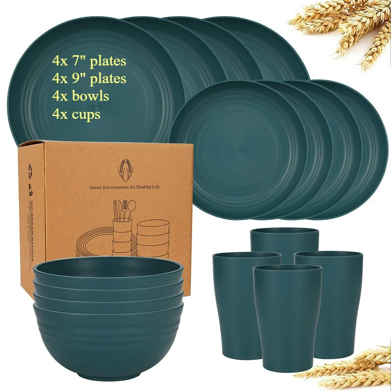Natural Wheat Straw Tableware Set Plates Bowls Cups Biodegradable Lightweight Eco Friendly Dinnerware