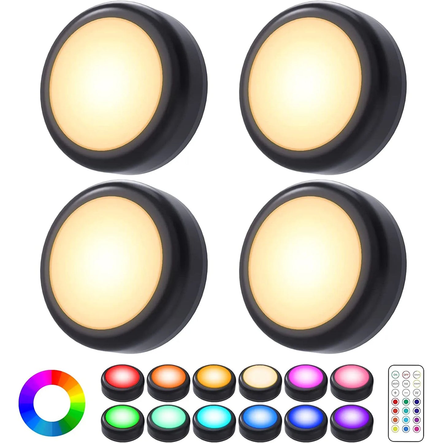 JGTC RGBW LED Puck Lights Under Cabinet With Remote Control 16 Color Schemes Dimmable Brightness